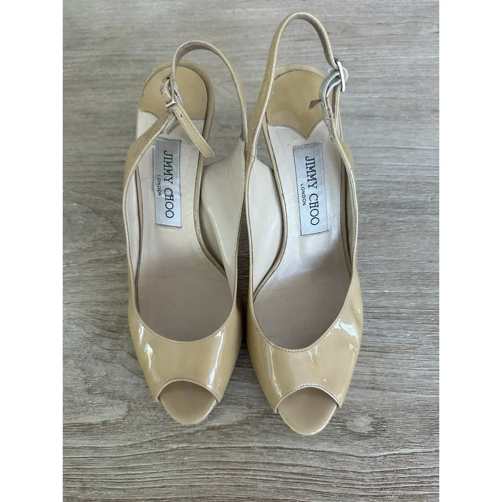 JIMMY CHOO Nova Nude Patent Leather Platform Slingback Heels Sz 36.5 SEE photos